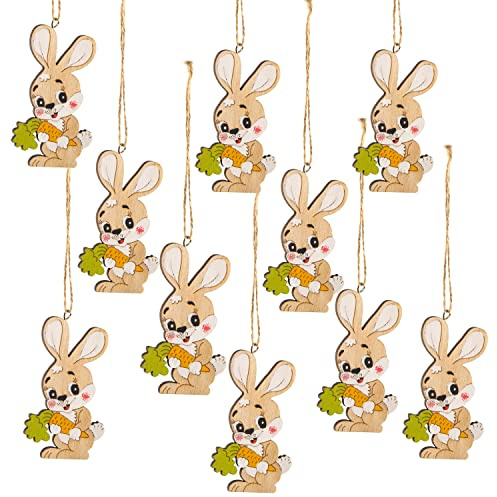 Ciondoli pasquali coniglietti, 10 pezzi: decorazioni legno, addobbi da appendere, coniglio pasquale con cordino, decori per albero di Pasqua, ornamenti finestra, pensierini bambini, primavera, 9 cm