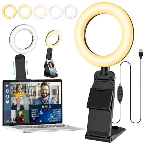 GerTong 5'' Laptop Selfie Ring Light with Stand, Mini Desk LED Phone Ring Light with Dimmable 5 Modes 10 Brightness Level for Makeup Streaming Webcam, All in one Stand Compatible with Smartphone