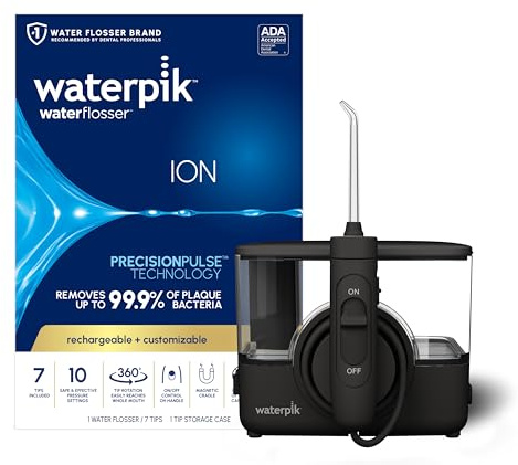 Waterpik ION Professional Water Flosser, Rechargeable and Portable for Teeth, Gums, Braces, 10 Settings, 7 Flossing Tips For Multiple Users And Needs, ADA Accepted, WF-12 Black, Packaging May Vary