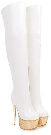 MiduoHu Donna Tacco Stivali Elasticizzati, Stivali sopra Il Ginocchio A Stiletto, Stivali Lunghi con Plateau E Tacco Altissimo, Stivali Alti in Vernice con Cerniera Laterale alla Moda High Heels