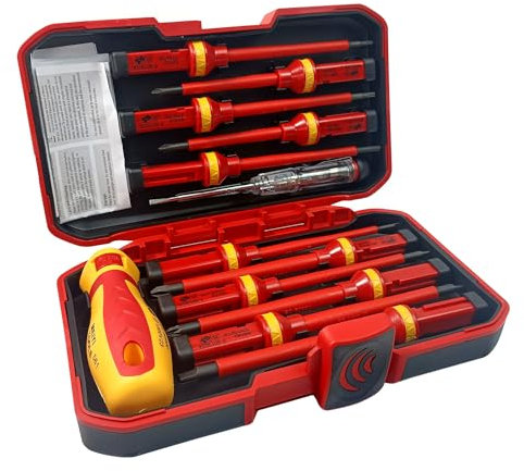13 piezas Juego Destornilladores, 1 Mango de Destornillador Aislado + 11 Destornilladores Intercambiables + 1 Destornillador con Probador de Voltaje,Kit Electricista, para Montaje y Desmontaje