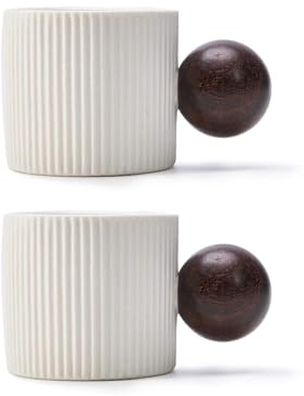 CLASGLAZ Ceramic Mini Espresso Cups Demitasse Cups with Round Wooden Handle Vertical Stripes Tea Cups (white, 2pcs)
