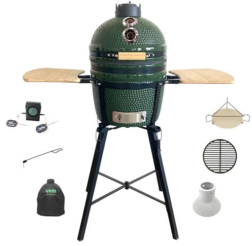 YNNI KAMADO TQTT15GRN Kamado sur pied avec chariot et tables d'appoint, barbecue, céramique, œuf, fumoir, lot avec extras TQTT15GRN 40 cm