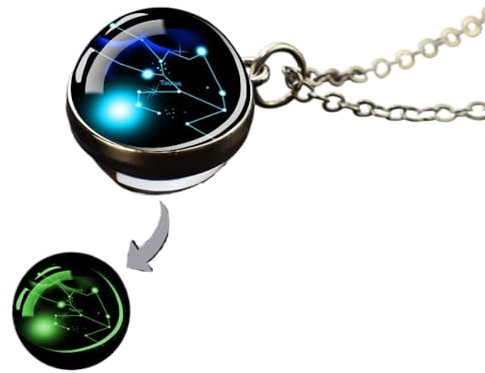 Collier Pendentif Signe Étoilé Taureau - Lueur Dans Les Signes Du Zodiaque Noirs Colliers Pendentif Boule De Verre Pour Hommes Femmes Collier Lumineux 12 Constellations Cadeau D'Anniversaire, Taur