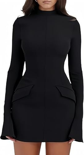 Haibang Damen Kleid Elegant Flare Langarm Bodycon Minikleid Sexy Partykleid Figurbetontes Kleid Rollkragen Businesskleider Freizeitkleid Basic Kurz Kleider Langarmkleid Herbstkleider mit Taschen