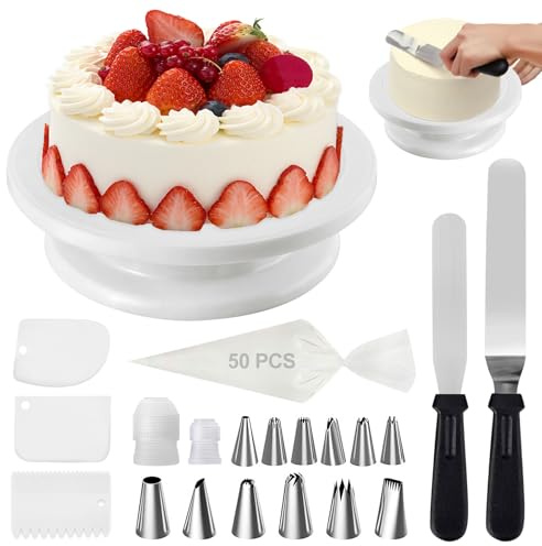 BAIFULAI Piatto girevole per torte, 28 x 7 cm, piastra girevole a 360 gradi, 70 pezzi, accessori per torte, set con piatto girevole, raschietto per torte, sacchetti per torte, spatole per torte