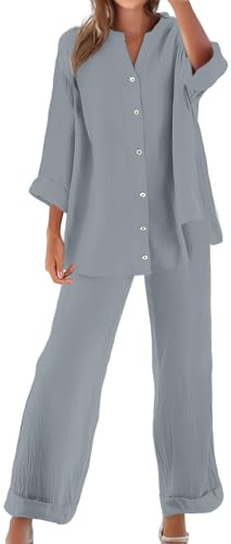 Completo Donna Estivo Leggera Taglie Forti Primavera Camicia e Pantaloni Coordinato Cotone e Lino Casual Tute da Ginnastica Curvy Primavera Set Spiaggia Traspirante Comodo Tuta da Casa con Bottoni