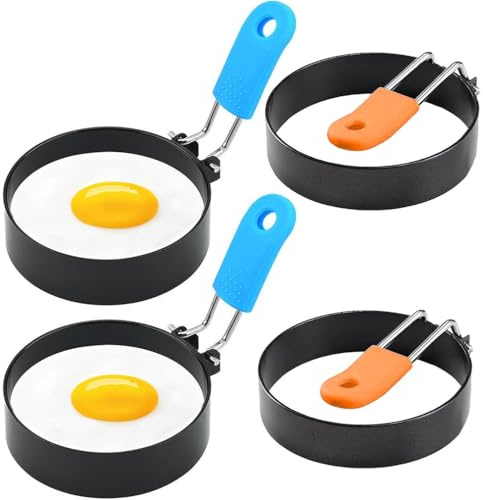 4pcs Egg Rings for Frying, Stainless Steel Egg Rings with Anti-Scald Folding Handle, Non Stick Fried Egg Rings for Household Kitchen Cooking Egg Frying Breakfast Mini Burger Shaping, Pancakes