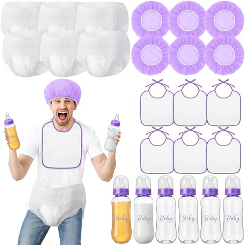 6 Sets Bottle Chug Baby Shower Games Juegos Para Plastic Baby Bottles Bibs Hat Disposable Diapers Gender Reveal Games Baby Changing Diaper Race Game Decoration (Purple)