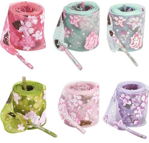 SOFPLATE 1 caja de Cordones Florales para Zapatos Cordones de Seda para Zapatos con Estampado de Flores Pequeñas Rosa Azul Y Verde Transparentes de Poliéster Suaves Planos de Tul para Zapatillas Acces