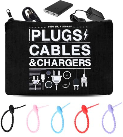 Cable Organiser Bag for Travel Charger Plugs Cosmetic Bags with Elastic Cable Ties Reusable for Women Men Black Chargers Cables Toiletry Organiser Pouch Tech Themed Gifts for Best Friends BFF