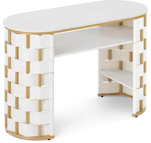 Barberpub Table de manucure Professionnelle, Bureau de manucure avec étagère Ouverte, Comptoir de Réception Structure métallique, Station esthétique pour Salon de beauté et onglerie (Blanc)