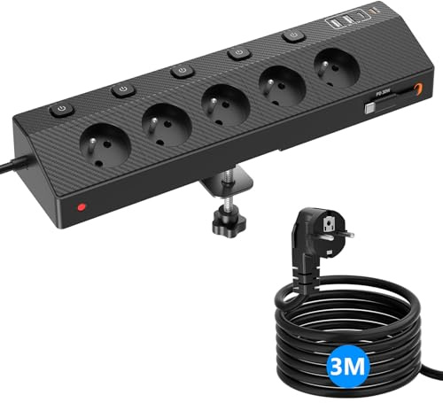 Multiprise Française avec USB PD 30W, Prise de Table avec 5 Prises Secteur et 5 USB, 4000W avec Individuel Interrupteur, Parafoudre et Surtension, Mult Prise pour la Maison et Le Bureau (3M, Noir)
