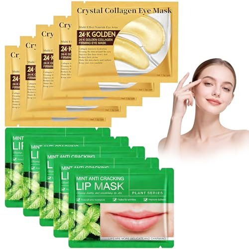 Virecose 10pcs Coussinets pour les Yeux Collagene avec 5pcs Masque pour les Lèvres, Menthe Masque Collagène Soin Exfoliant & Hydratant, Masque anti-âge avec hydratation rafraîchissante
