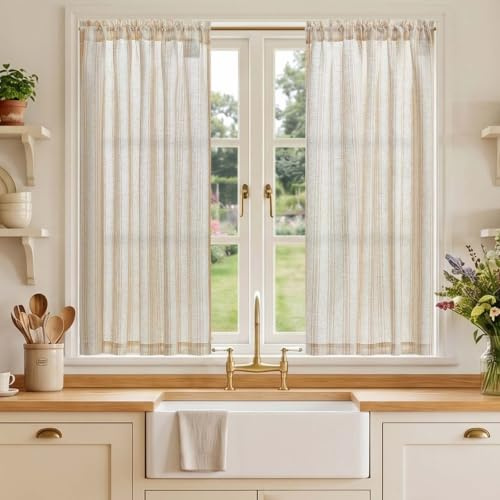 TOPICK Linen Look Kitchen Curtains, Cafe Curtains, W36 xL45 Taupe Striped | 2 Panels Rod Pocket Light Filtering Curtains, Half Window Curtain 2 Drapes for Bedroom, Living Room, Cupboard Base, Sink