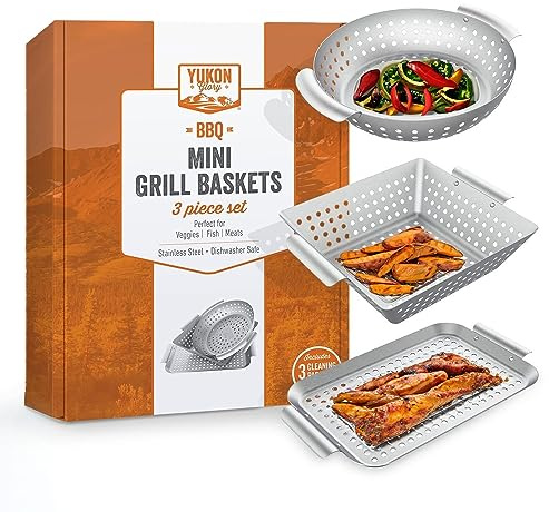Yukon Glory 3-Piece Mini Grill Basket Set, Perforated Stainless Steel Vegetable BBQ Baskets With Grill Pan Topper, Square & Round, Dishwasher Safe