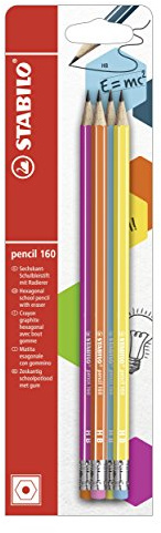 STABILO - Bleistift mit Radierer - pencil 160 in pink, blau, orange, gelb - 4er Pack - Härtegrad HB