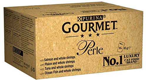 Gourmet Perle Adult Wet Cat Food Ocean Delicacies in Gravy with Salmon, Tuna, Plaice, Whitefish, 4 x 12 x 85 g Packs
