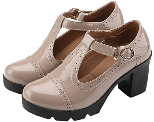 DADAWEN Women's Classic T-Strap Platform Mid-Heel Square Toe Oxfords Dress Shoes Apricot US Size 8