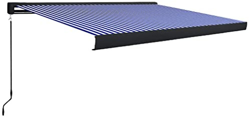 vidaXL Retractable Manual Cassette Awning in Blue and White - Aluminium Frame with Polyester Fabric Cover for Garden, Patio Sun Protection