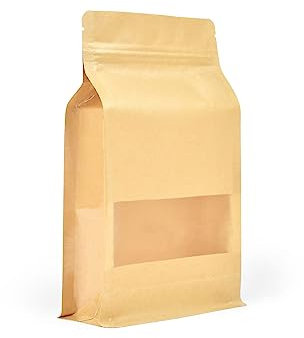 Evergreen Goods Lot De 50 Sacs Kraft à Fond Plat Avec Fenêtre (140 X 240 Mm) – Emballage Alimentaire Réutilisables – Sacs Thermoscellables à Fermeture éClair Pour Grains Café, Noix, Graines Et Encore