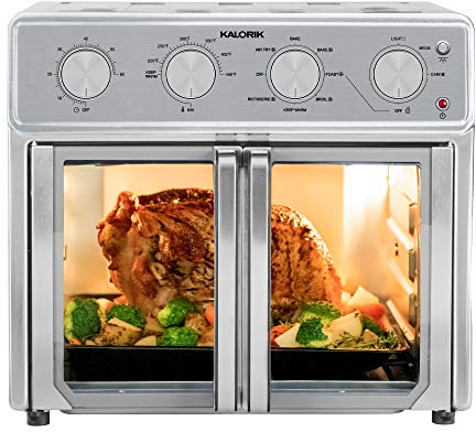 Kalorik MAXX Air Fryer Oven, 26 Quart 9-in-1 Countertop Toaster Oven and Air Fryer Combo - Fry, Bake, Roast, Rotisserie, & More, Large Glass French Doors & 7 Accessories, 1700-Watts, Stainless Steel