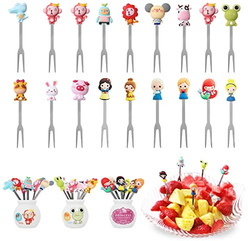 Mini Cartoon Forchette da Frutta Stuzzicadenti, ZAKVOP Frutta Forchettine Bambini, Posate Bambini in Acciaio Inossidabile con Manici in Silicone e Barattoli di Stoccaggio in Ceramica, 20 Pezzi