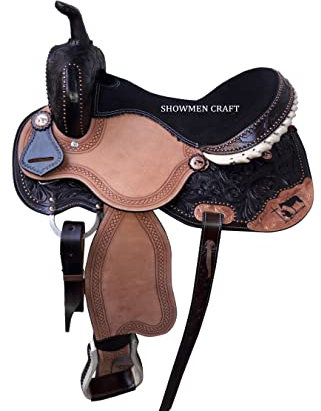 SHOWMEN CRAFT Western Saddle Barrel Selle de course avec accents de cowboy priant en cuivre avec headstall et collier (33 cm)