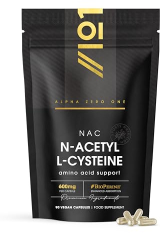 N-Acetyl L-Cysteine 600mg with BioPerine® – 90 Vegan Capsules – Vegan Fermented Amino Acid – Resealable and Recyclable Pouch by Alpha01