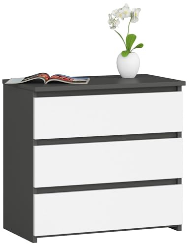 AKORD Kommode CL-3 mit 3 Schubladen | für das Wohnzimmer Schlafzimmer Schrank Büro Arbeitszimmer | Modernes Funktionales Design | B60 x H57 x T35 cm, Gewicht 26 kg | Graphitgrau | Weiß