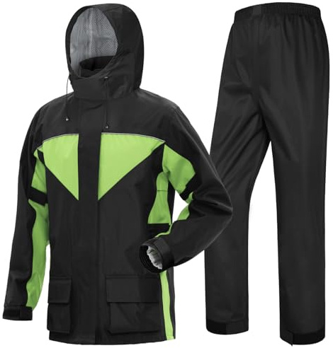 iCreek Motorcycle Rain Suit for Men and Women Waterproof Anti-storm Raincoat High Visibility Rain Gear (Black with Green, L)