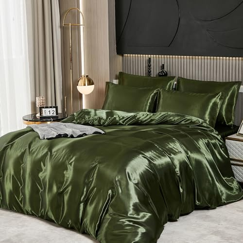 Guchuang Bedding Silk Satin Complete Bedding Set 6 Pieces Olive Green King Size Duvet Cover Luxury Shiny Ultra Soft Microfiber Quilt Cover 220x230cm with 1 Fitted Sheet, 4 Pillowcases