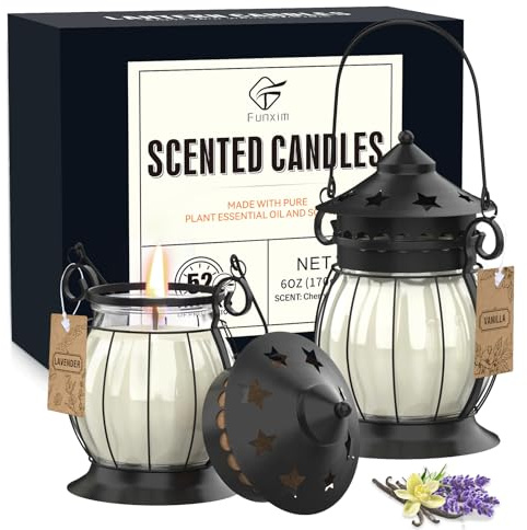 Scented Candles Gift Set, 2 Pack 6 Oz Natural Soy Candles of Lavender | Vanilla, Long Burning Retro Lantern Jar Aromatherapy Candles for Stress Relief, Mum, Birthday, Yoga,Weddings,Christmas