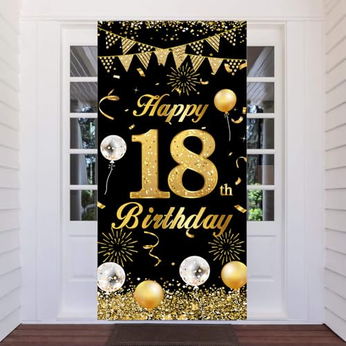 18th Birthday Banner Black Gold, 18 Years Birthday Decoration Door Background for Men Women, Large Fabric 18th Party Decoration Door Banner for Wall Decoration, 180 x 90 cm