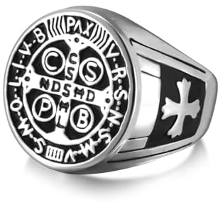 Amaxer San Benito de Nursia Signet Anillo para Hombres San Benito Exorcismo Católico Romano Cruz Religiosa Protección Acero Inoxidable Punk Declaración Anillo (Plata, 21mm)