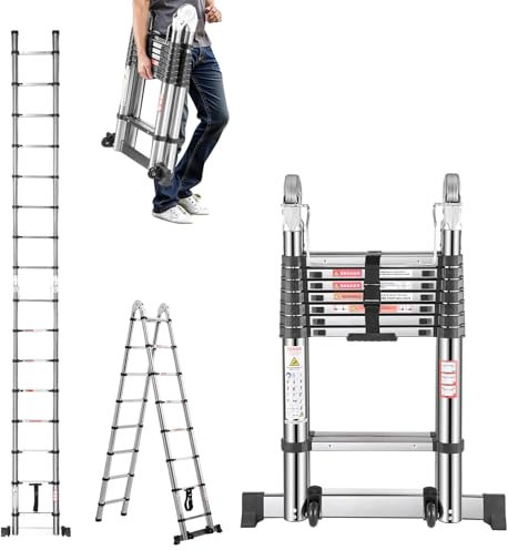 VEVOR Escalera Telescópica con Estructura en A, Acero Inoxidable, con Retracción de Múltiples Botones para RV, Carga 150 kg con Barra de Equilibrio para el Hogar, RV, Loft, 680 x 190 x 4985 mm