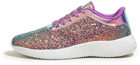 LUCKY STEP Women's Glitter Trainers, Sparkly Lace-Up Shoes | Sparkly glitter upper, cushioned insole, soft interior, lace-up fit and textured rubber sole for parties and casual wear.