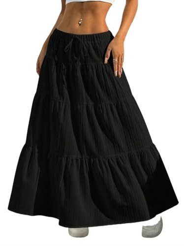 GRMLRPT Faldas Largo para Mujer Cintura Elástica Alta Falda Larga para Mujer Maxi Falda Largos Línea A de Verano para Vacaciones Playa Casual (Negro,L)