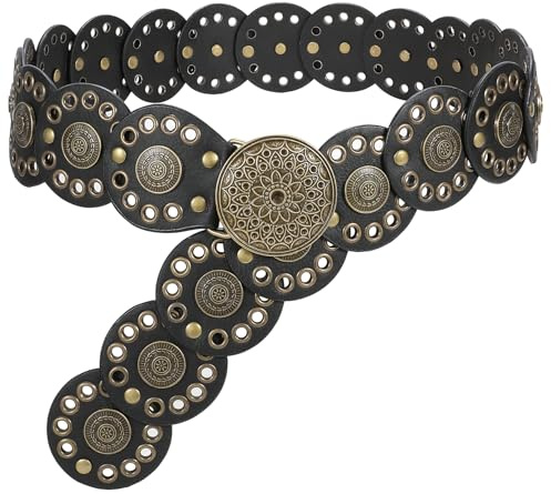JASGOOD Ceinture Cowboy Femme à Large Disque en Cuir Boucle Métal Ronde Ceinture Western Réglable Grande Taille pour Robe Jeans,Noir(bronzé),Taille moins de 109cm(Longueur 125 cm)