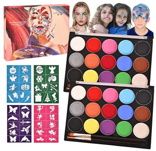 SKYYUE Ansiktsfärg barnsminkset halloween barnsmink set ansiktsfärger barn 15 färger karneval smink tvättbar med pensel och mallar, barnsminkfärger för karneval smink (2 st)