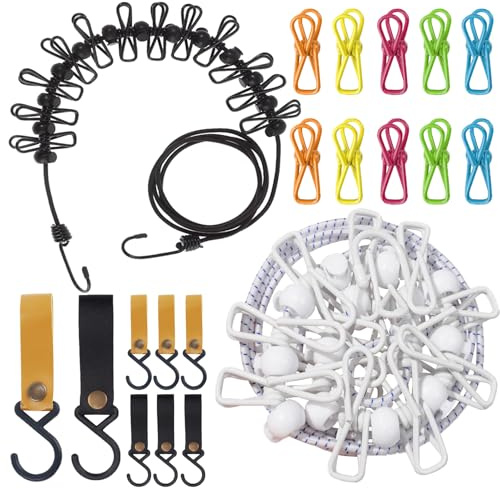 2 Pezzi Stendibiancheria da Viaggio Portatile con 10 Clip + 8 Ganci in Pelle, Corda da Bucato Retrattile Regolabile con 12 Clip e 13 Fibbie di Posizionamento per Campeggio, Giardino, Balcone, Camper