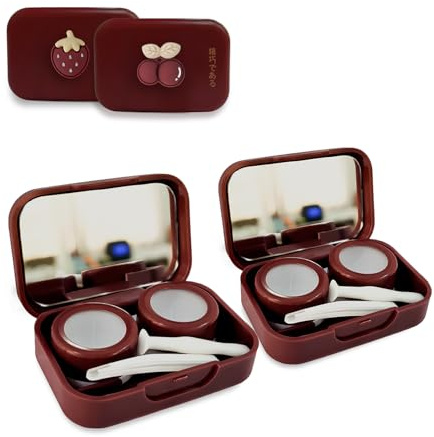 Guyakysk 2 Pack Contact Lens Case Cute, Eye Contact Travel Case Kit with Mirror Tweezers & Remover Tool, Mini Portable Contact Container for Daily Office Outdoor Use, Compact Size (A)