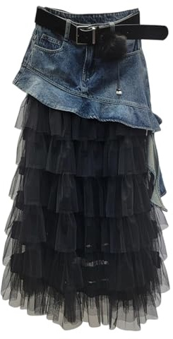 QOUERUUE Lång jeanskjol för kvinnor med lager av meshtyll, patchwork och volang i A-linje,Black 1,XL