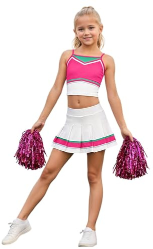 Generico Vestito Cheerleader Bambina - Costume da Cheer-Leader Manica Corta Vestito Cheerleading con Pompon Uniforme da Cheer-Leader Ginnastica Leotards Costume Carnevale