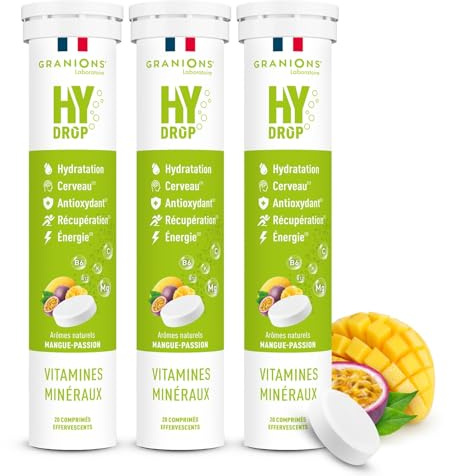 GRANIONS HYDROP - Pastilles Hydratation - Mangue Passion - SANS SUCRES - Fabriqué en France - Electrolytes - Vitamines, Minéraux, Magnesium - Pastille Hydratation - Pack X3-60 cps Effervescents
