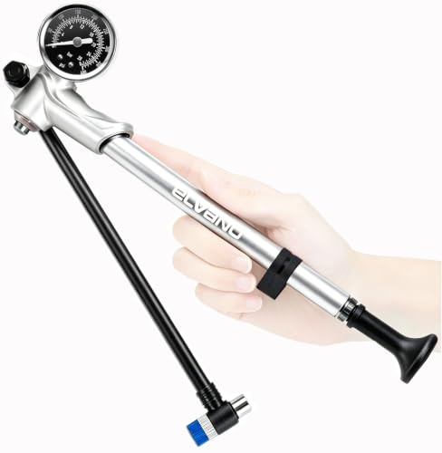 ELVANO High Pressure Shock Pump 400 PSI: MTB Bike Pump for Fork & Rear Suspension with Alloy Gauge & Air Bleed - Air Pump for Mountain Gravel Bikes Fits Schrader Valve - Silvery