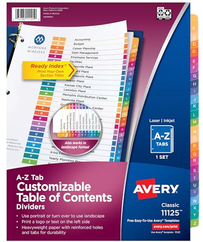 Avery A-Z Dividers for 3 Ring Binders, 26 Tabs per Set, Customizable Table of Contents, Multicolor Tabs, Great for Organizing Reports, Projects, and More (11125)