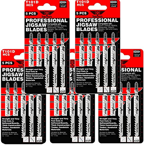25 hojas de sierra de calar TopsTools T101D de corte limpio y rápido compatibles con Bosch, Dewalt, Makita, Milwaukee y muchos más