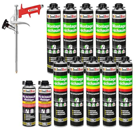 Isolbau Bauschaum-Set - Inkl. 10 x 1K Montageschaum B2 Pistolenschaum mit hervorragender Schall und Wärmedämmung (je 750 ml), 2 x PU-Schaum-Reiniger (500 ml) & 1 x Schaumpistole, Dämmen
