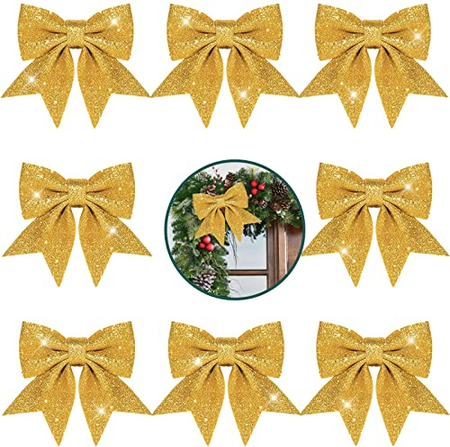 Lot de 8 couronnes dorées scintillantes pour décorations de sapin de Noël - 14 cm - Nœuds décoratifs pour sapin de Noël - Nœuds rouges à paillettes pour sapin de Noël